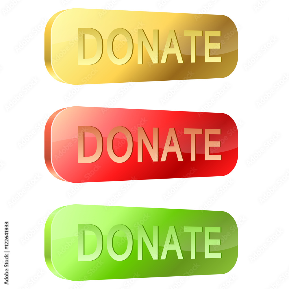 3D rounded glossy donate buttons isolated on white background. 3D rounded glossy donate buttons isolated on white background.