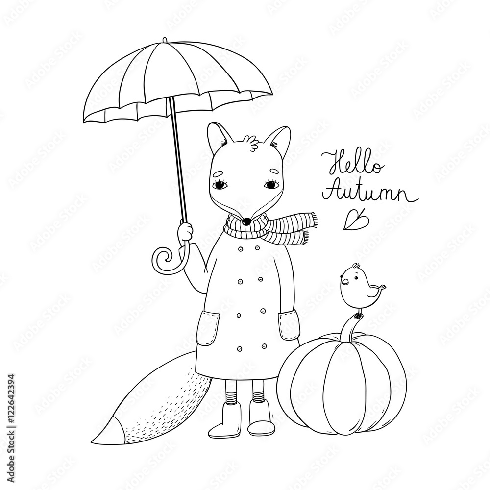 Cute cartoon fox under an umbrella and a small bird on a pumpkin. Cute cartoon fox under an umbrella and a small bird on a pumpkin.