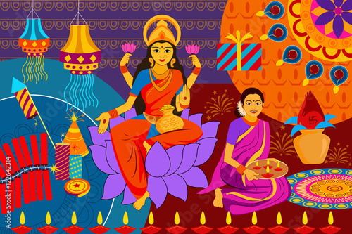 Indian lady with diya Happy Diwali festival background kitsch art India