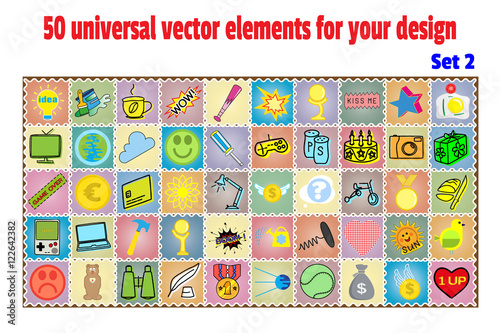 Set cartoon patches, stickers and badges. Objects in flat style. Collection universal elements for design and decoration