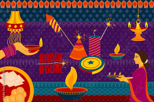 Indian lady with diya Happy Diwali festival background kitsch art India