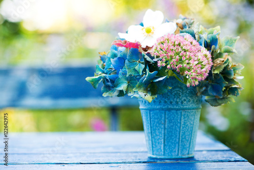 Fototapeta Naklejka Na Ścianę i Meble -  Herbstblüten in blauem Topf