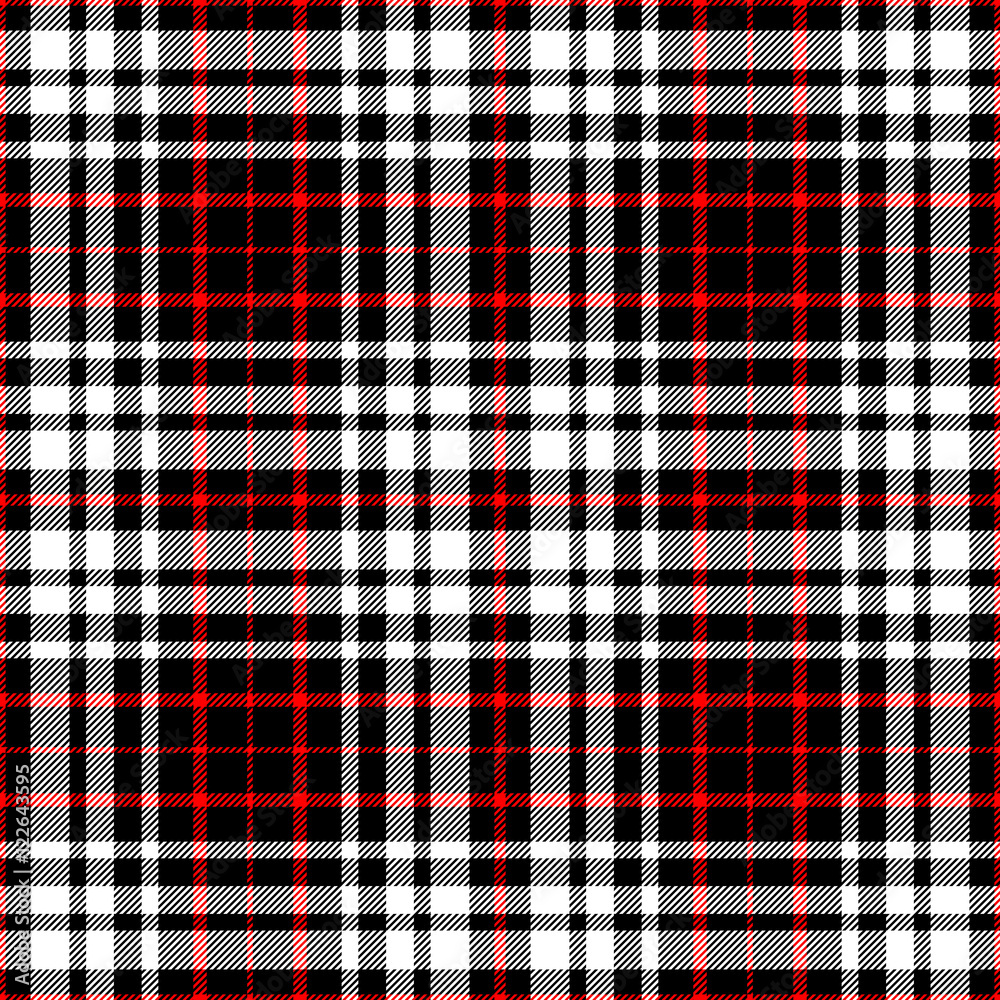 Seamless tartan plaid pattern in classic color combo of red, black & white. Seamless tartan plaid pattern in classic color combo of red, black & white.
