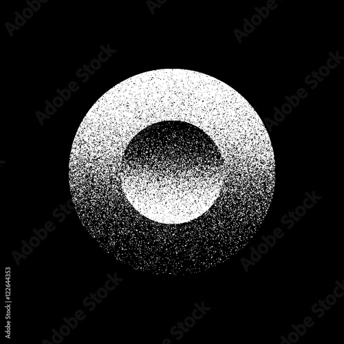 White abstract geometric shape, circle badge with film grain, noise, dotwork, grunge texture and black background for logo, design concepts, posters, banners, web, prints. Vector illustration.