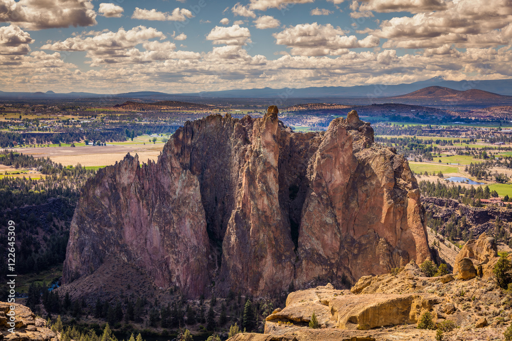 The sheer rock walls.  Beautiful landscape of yellow sharp cliffs. View from Misery Ridge trail, Smith Rock State Park, Oregon