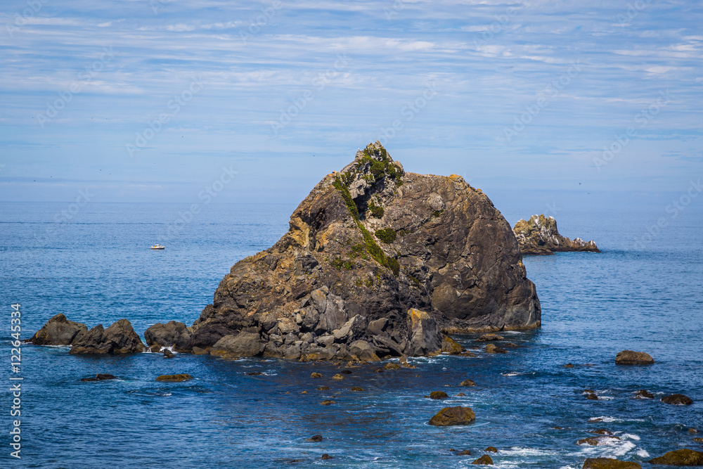 Large boulder among the waves in the sea. Coastal Trail Hidden Beach Section, Redwoods National Park