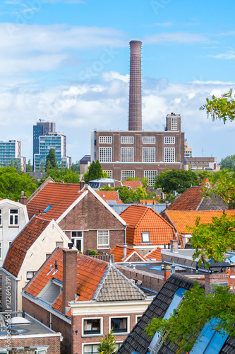 View of district heating plant and houses from Burcht, citadel in old town of Leiden, Netherlands