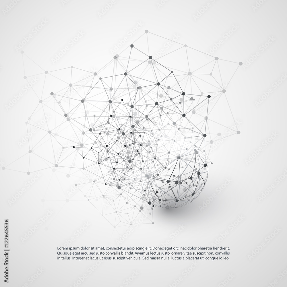 Black and White Modern Minimal Style Cloud Computing, Networks Structure, Telecommunications Concept Design, Network Connections, Transparent Geometric Wireframe - Vector Illustration