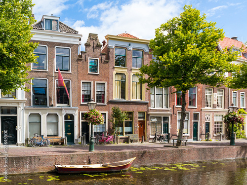 Gables of historic houses on Rapenburg canal in old town of Leiden, South Holland, Netherlands