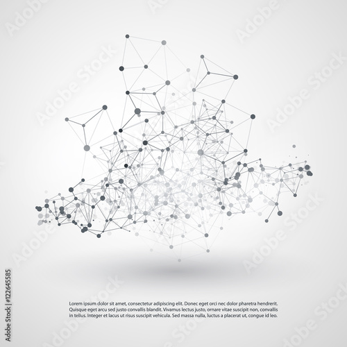 Black and White Modern Minimal Style Cloud Computing, Networks Structure, Telecommunications Concept Design, Network Connections, Transparent Geometric Wireframe - Vector Illustration