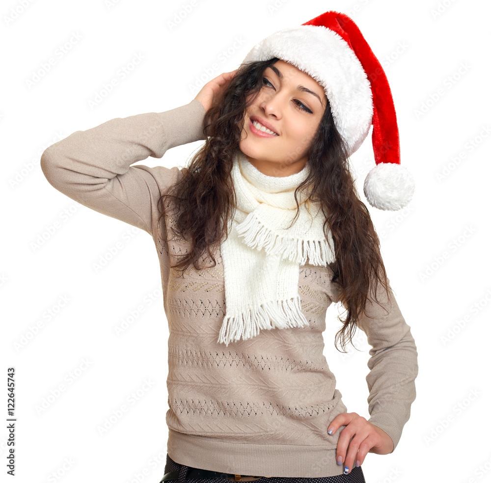 girl in santa hat portrait, posing on white background, christmas holiday concept, happy and emotions girl in santa hat portrait, posing on white background, christmas holiday concept, happy and emotions