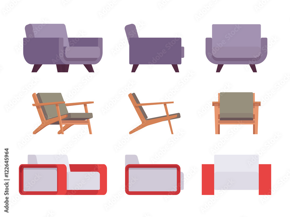 Set of armchairs isolated against white background. Cartoon vector flat-style illustration Set of armchairs isolated against white background. Cartoon vector flat-style illustration