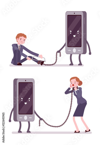 Set of man and woman slaved by smartphone and trying to break the chain with a hacksaw. Cartoon vector flat-style concept illustration