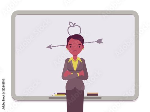 Woman against the whiteboard with drawn apple and arrow. Cartoon vector flat-style concept illustration