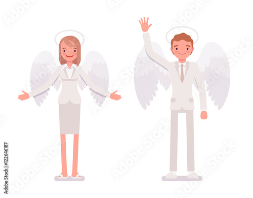Pair of angels, man and woman isolated against white background. Cartoon vector flat-style illustration
