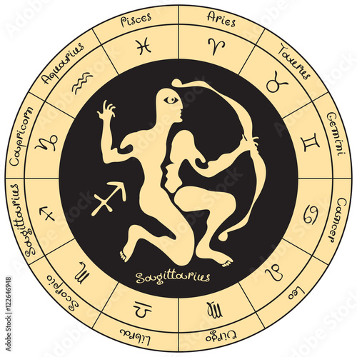 Sagitarius on the background of the circle with the signs of the zodiac