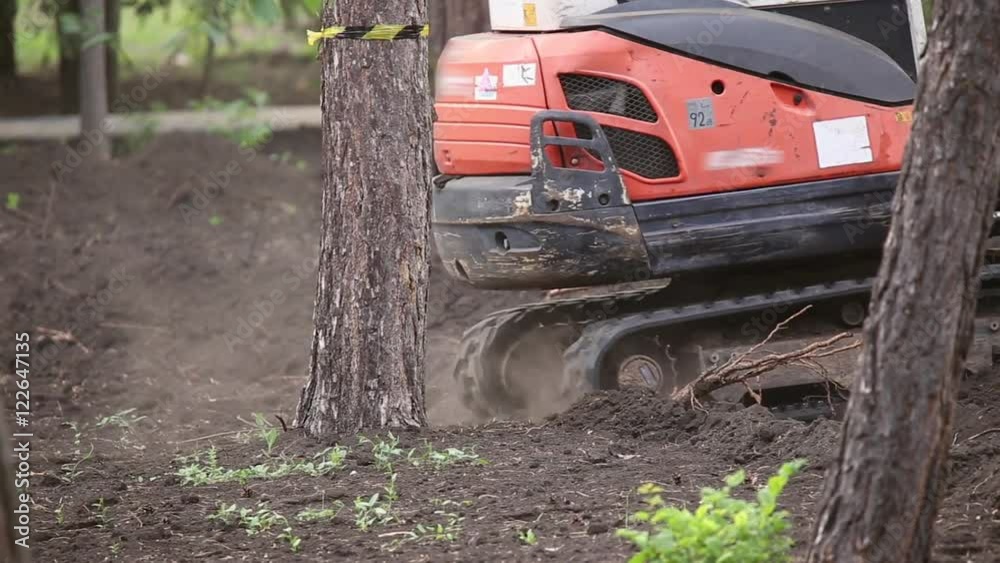 Excavator with bucket rides through the pine forest
Excavator with bucket rides through the pine forest