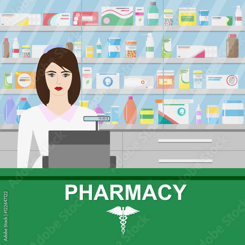Pharmacy infographic elements. Woman pharmacist