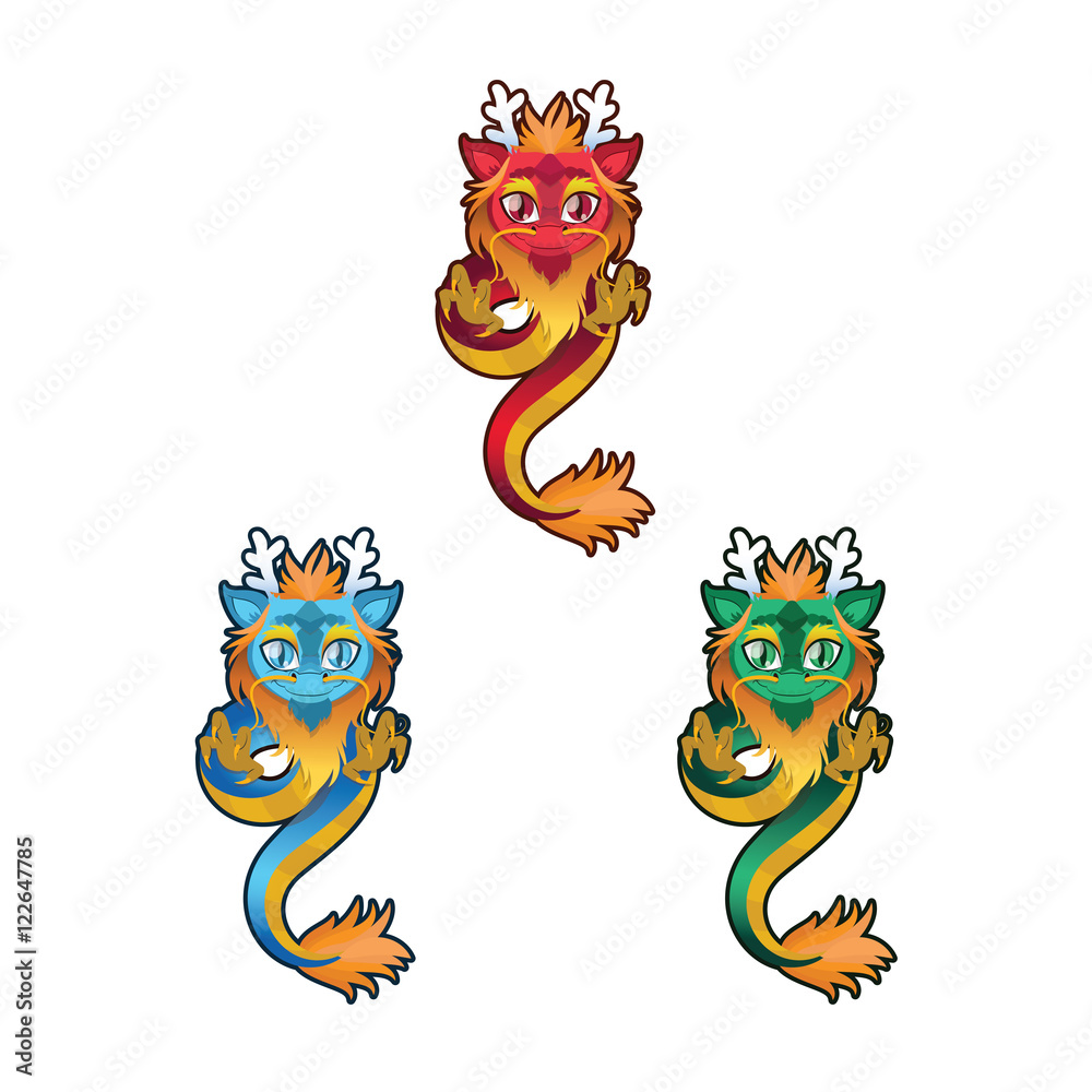 Fototapeta premium Illustration of an oriental dragon in 3 different colors
