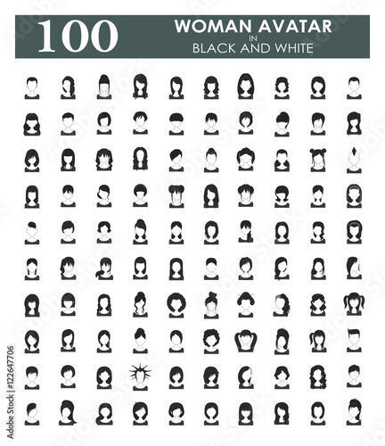 Collection of 100 women avatar in black and white color