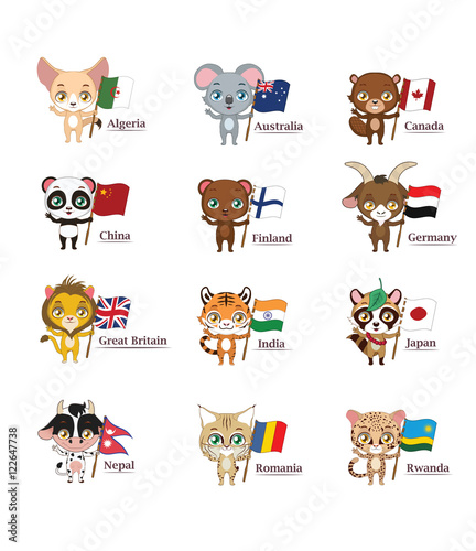Animals with flags representing their countries ( national anima