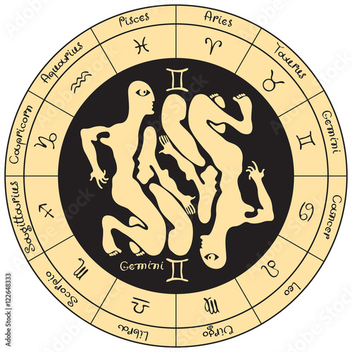 Gemeni on the background of the circle with the signs of the zodiac