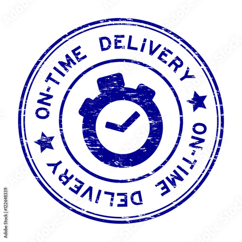 Grunge blue on-time delivery with clock icon rubber stamp