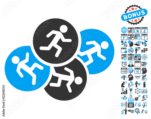 Running Men icon with bonus calendar and time management symbols. Vector illustration style is flat iconic bicolor symbols, blue and gray colors, white background.
