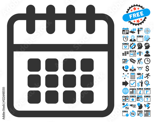 Spiral Calendar icon with bonus calendar and time management pictogram. Vector illustration style is flat iconic bicolor symbols, blue and gray colors, white background.