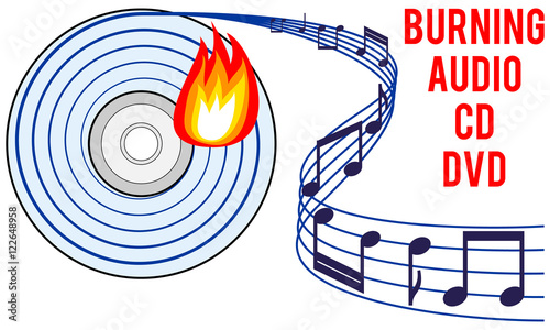 burning audio CD or DVD icon, burning soundtrack concept, recording audio tracks idea, vector illustration with white isolated background
