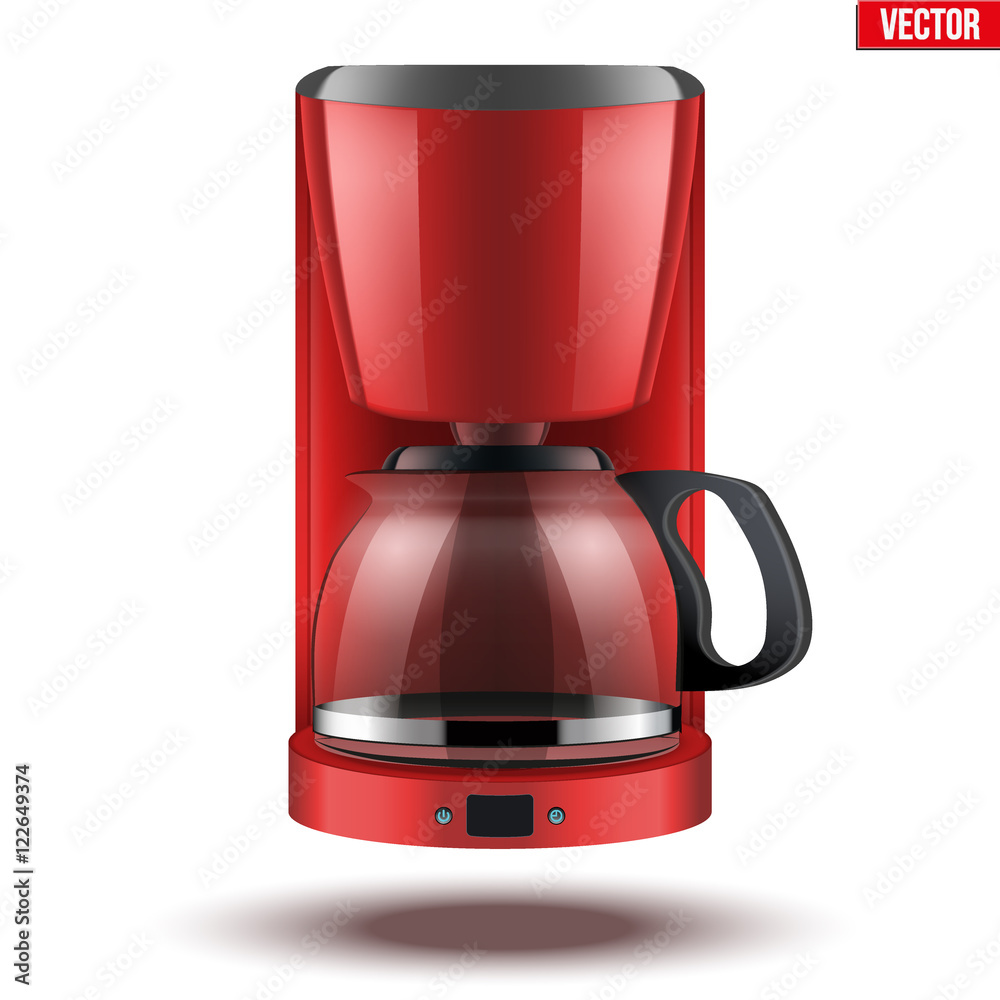 Classic Drip Coffee maker with glass pot. Red color and Original design. Editable Vector illustration Isolated on white background.