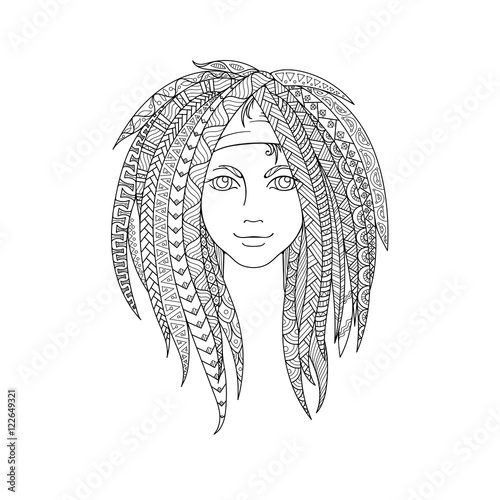 Young girl with patterned zentangle dreadlocks. Ornate hairstyle.