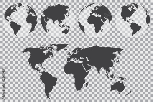 Globe set with world map on a transparent background. Vector illustration