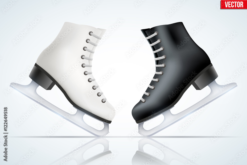 Set of Black and White classic ice figure skates with reflection. Sport ...