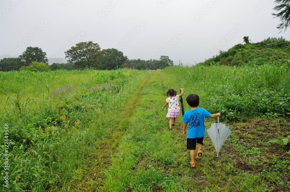 雨の牧場を歩く子ども