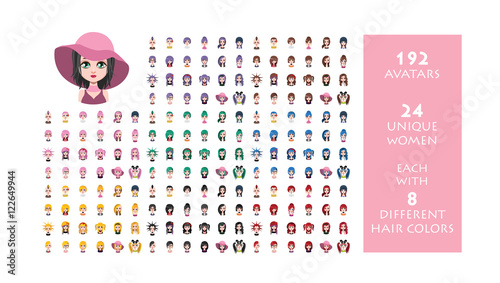 Collection of 192 women avatar - 24 unique women each with 8 dif