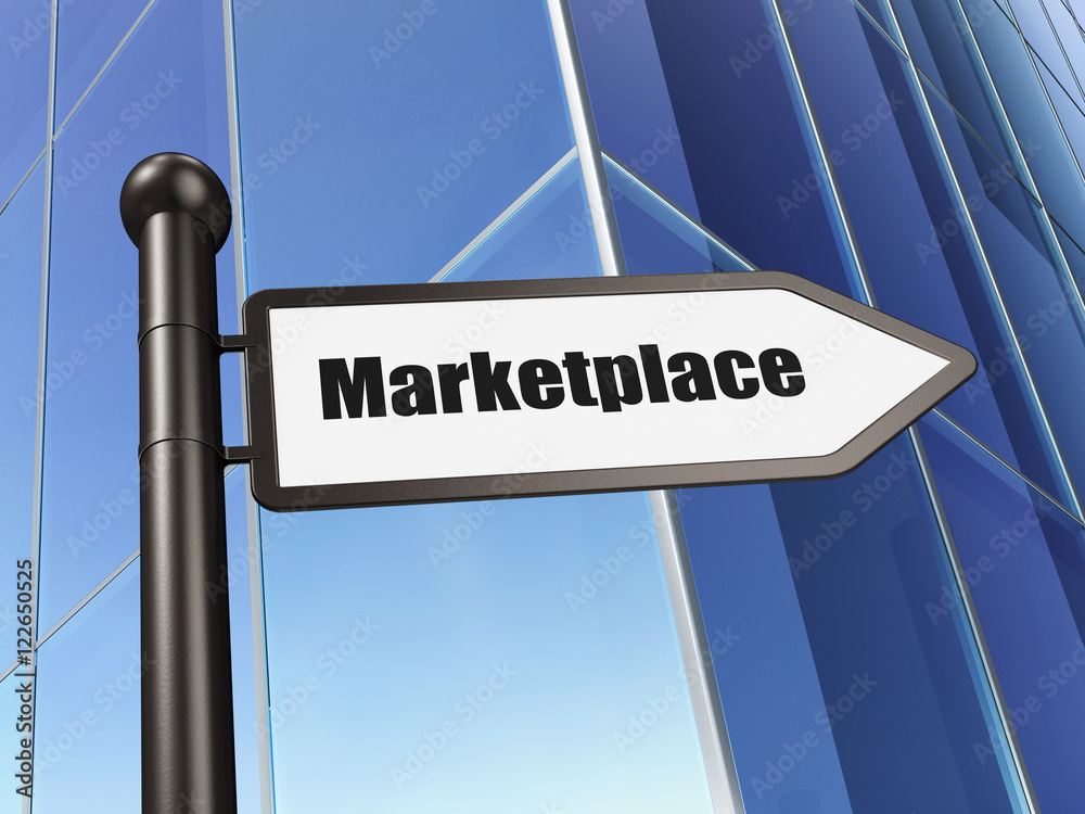Advertising concept: sign Marketplace on Building background