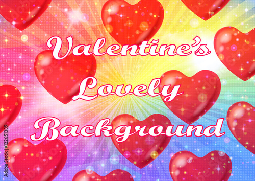 Valentine Holiday Background with Big Red Hearts, Sparks, Confetti and Colorful Light Rays. Eps10, Contains Transparencies. Vector