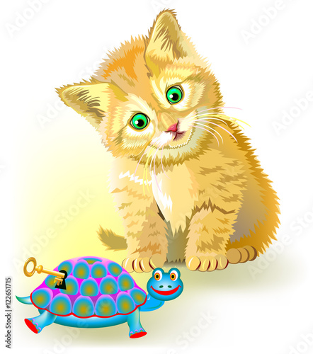 Illustration of curious little kitten looking at clockwork toy turtle, vector cartoon image.