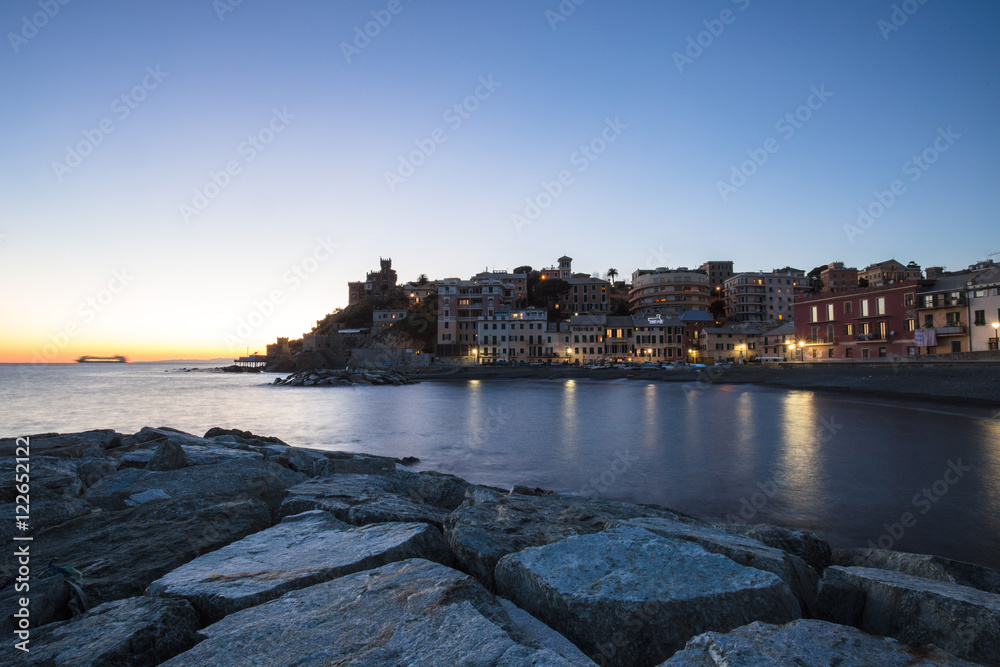 Sea village at blue hour with colored houses /Genoa/Italy