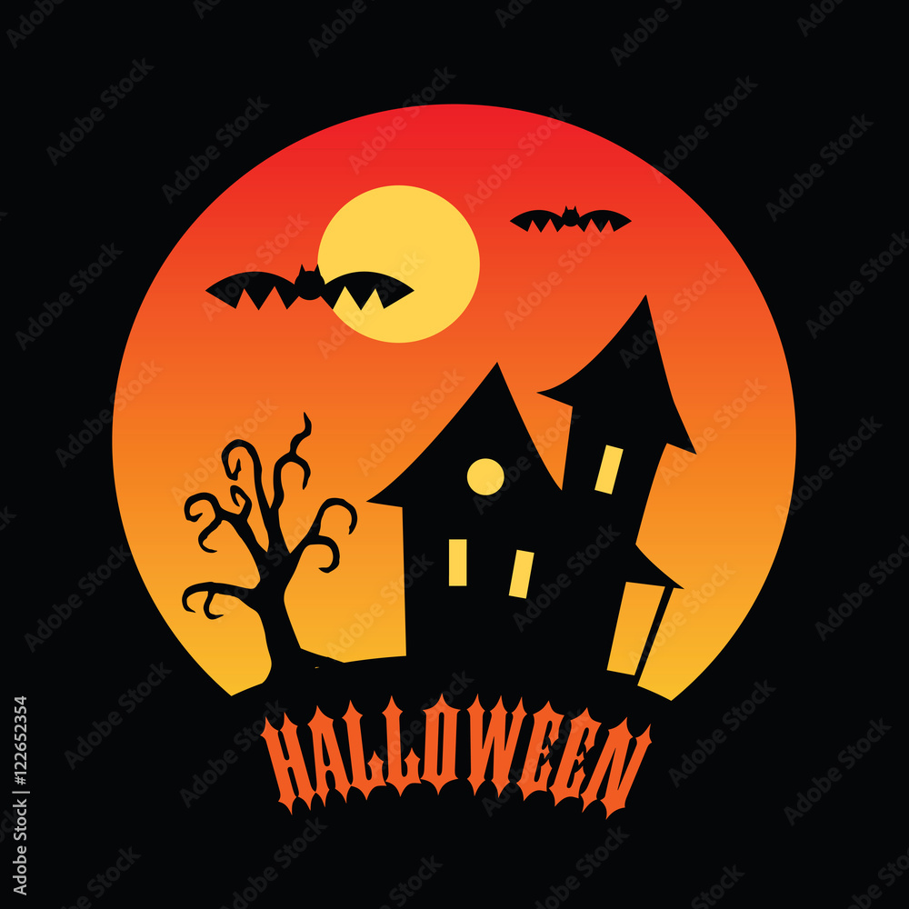 halloween haunted house and bat