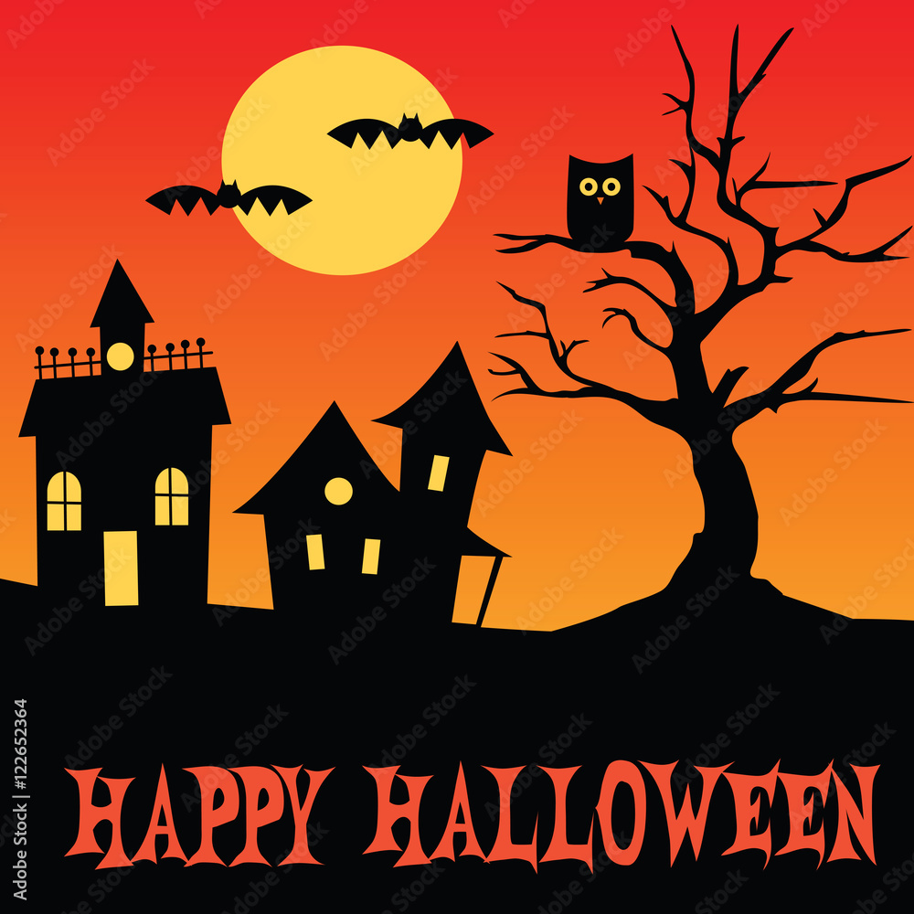Halloween houses tree and owl scene