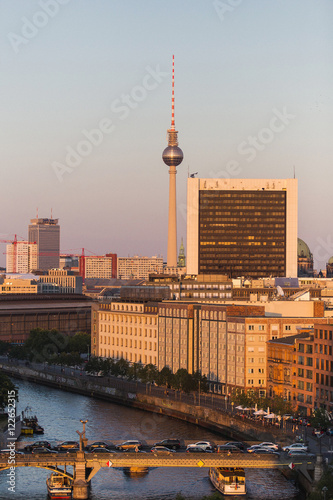Sunset in Berlin with television tower and Spree