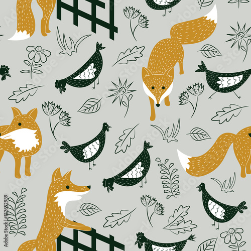 Sly foxes and chickens vector seamless pattern