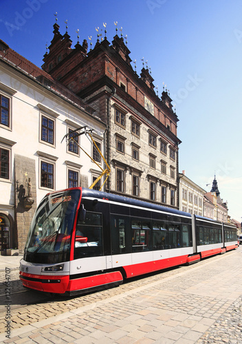 Streetcar transportation in downtown Pilsen, Czech Republic