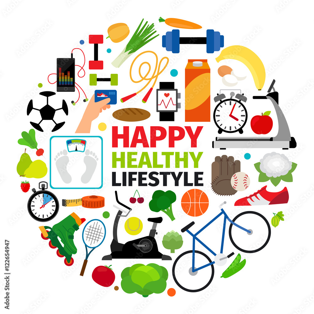 Healthy lifestyle emblem. Fitness promenade and food diet icons vector round label
