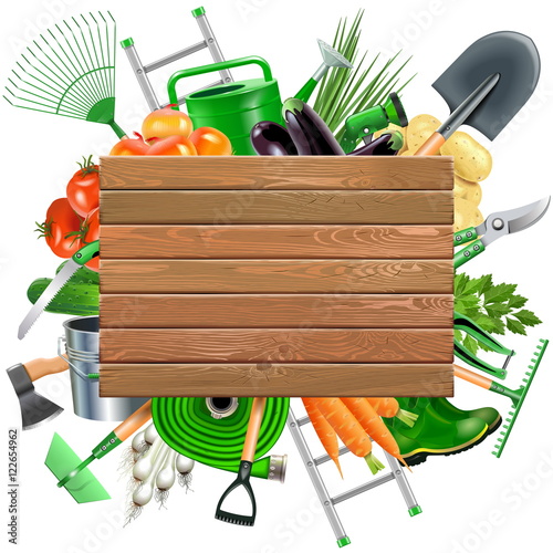 Vector Wooden Board with Garden Accessories