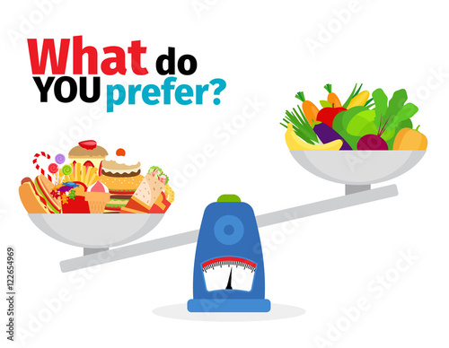 Scales with fatty foods and healthy food vector illustration