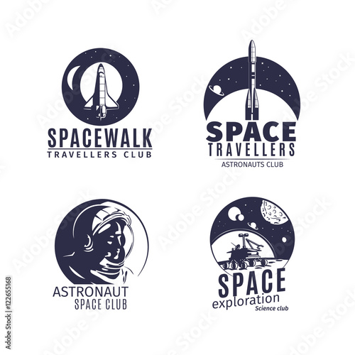 Space logo set in retro style. Vintage astronautics labels and badges with astronaut  space rocket and helmet. Vector illustration