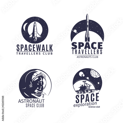 Space logo set in retro style. Vintage astronautics labels and badges with astronaut, space rocket and helmet. Vector illustration
